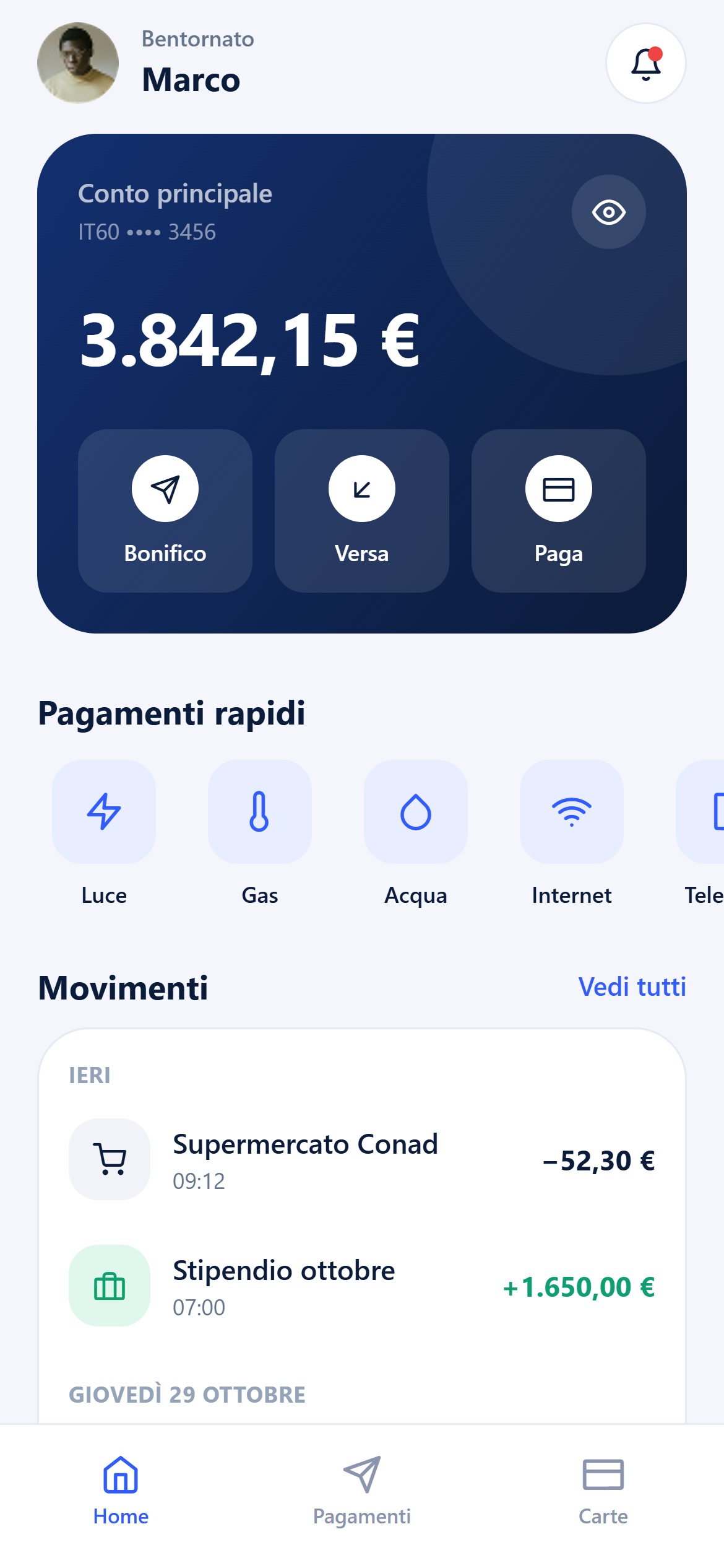 App della banca: saldo, azioni principali, pagamenti rapidi e movimenti per giorno