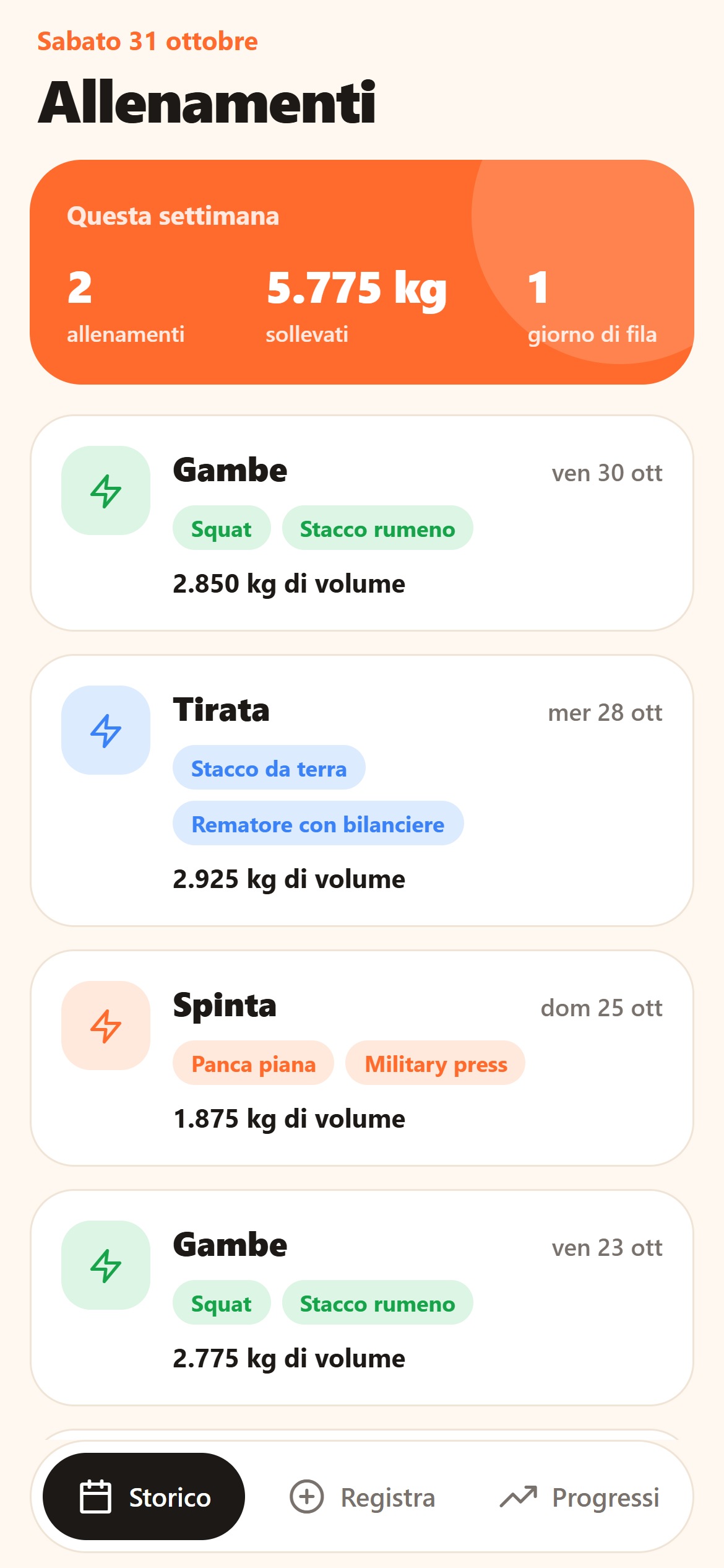 App di fitness: riepilogo della settimana e allenamenti colorati per tipo