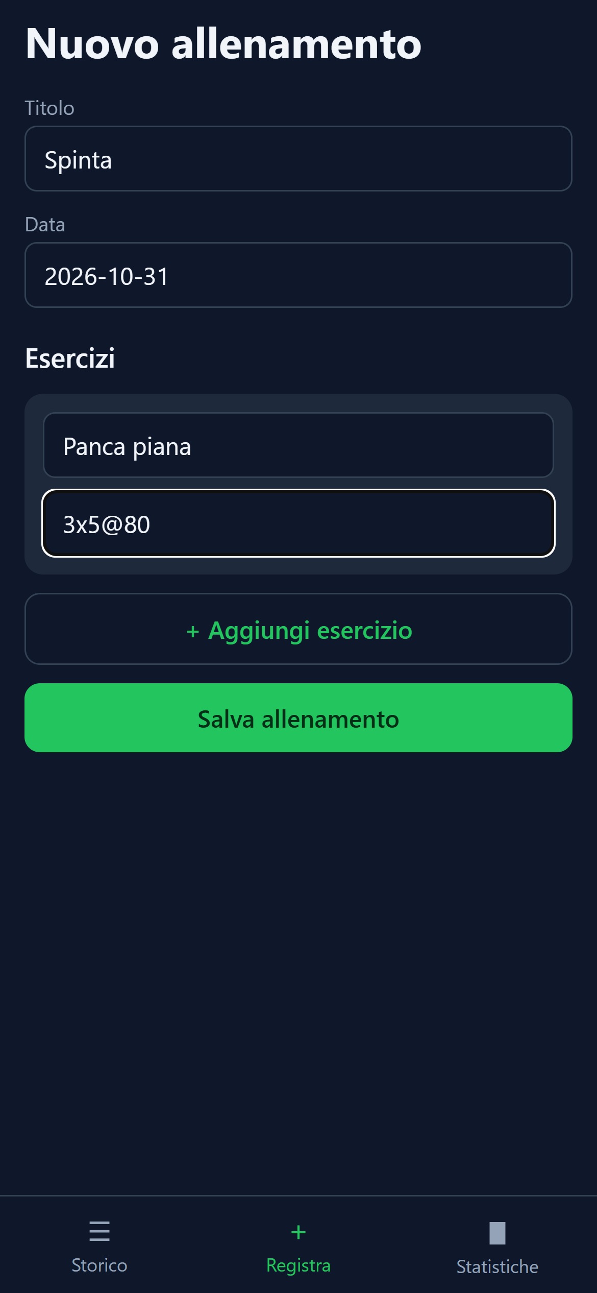 Prima: form scuro con campi di testo e il codice 3x5@80 senza spiegazioni