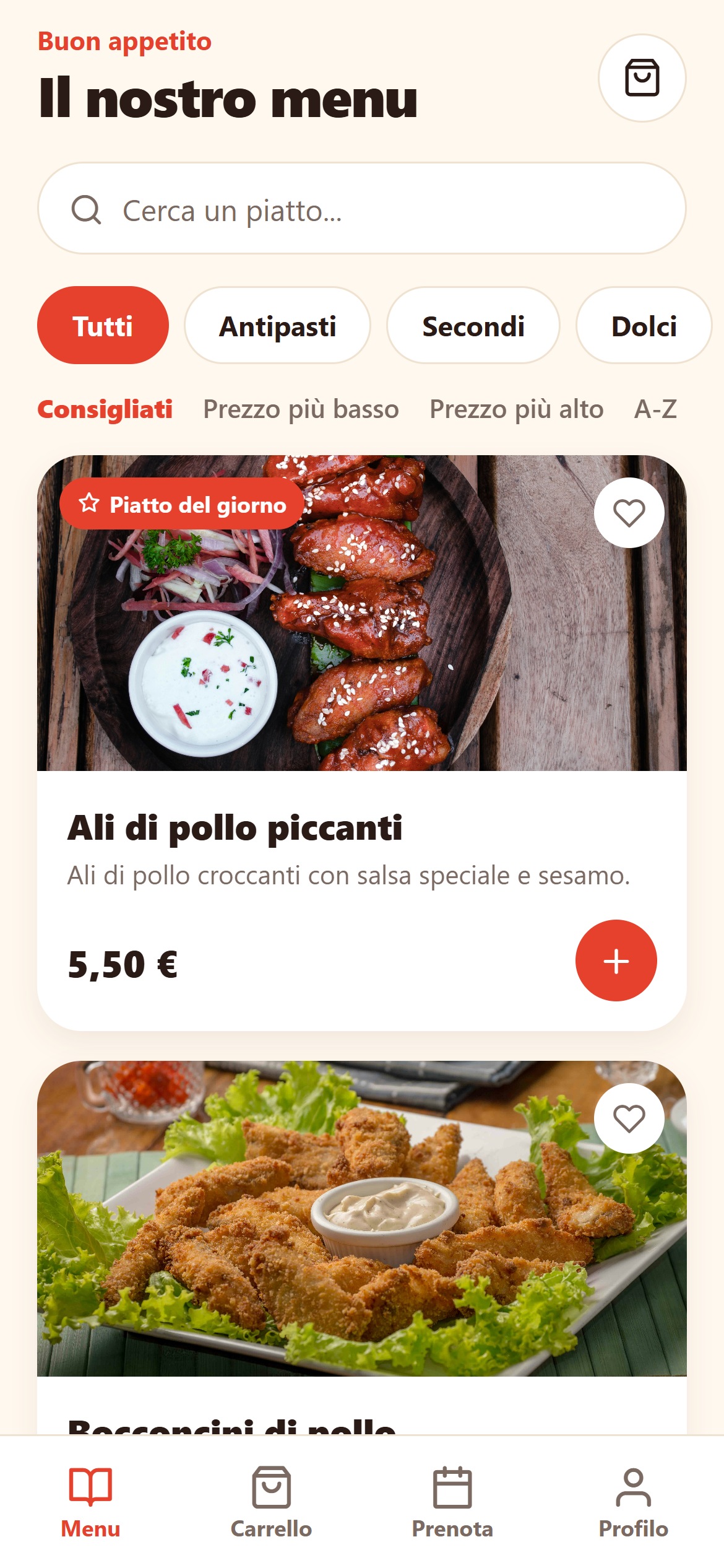 App di ristorante: menu con categorie, foto grandi e prezzi in euro
