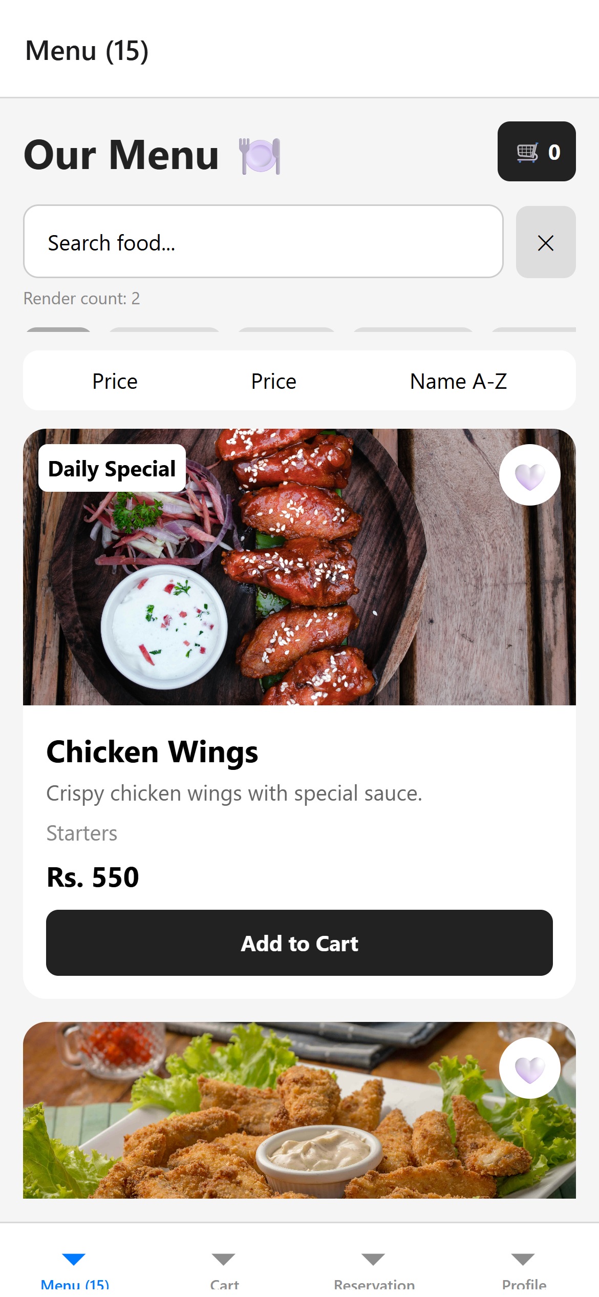 Prima: menu in inglese con categorie vuote e prezzi in rupie